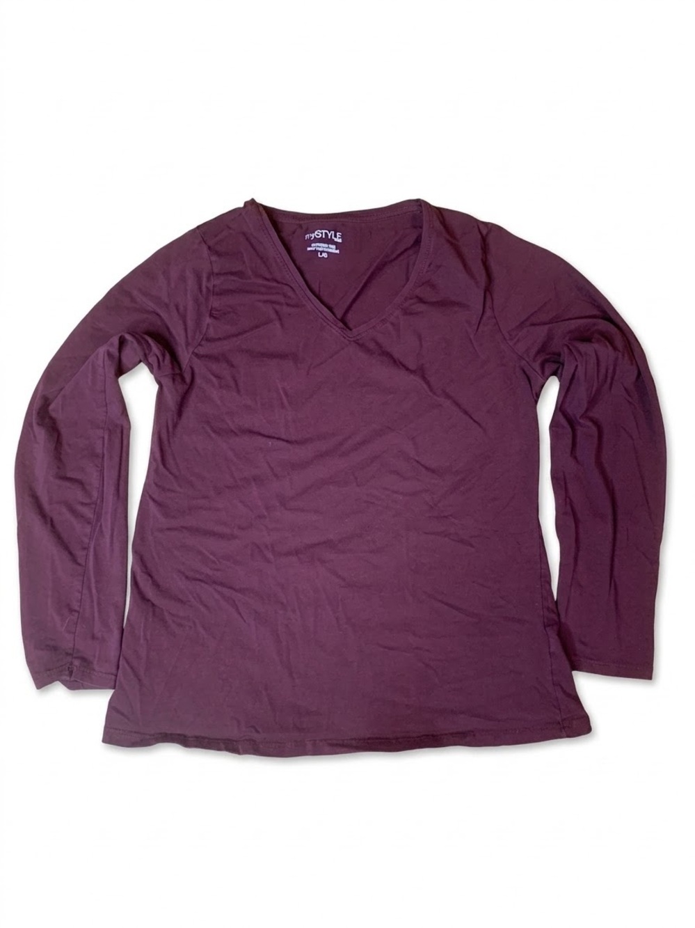 mySTYLE Plum Burgundy V-Neck Long Sleeve Stretch Tee - Size L